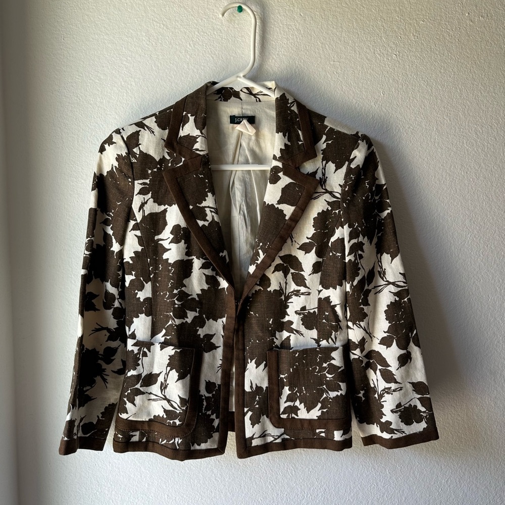 #0009# J. Crew Linen Floral Brown white Blazer size 0